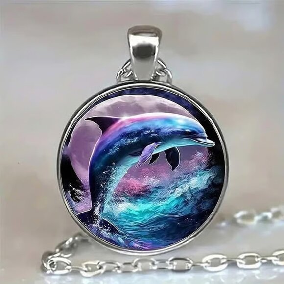Silver DOLPHIN Glass Cabochon Pendant Necklace - Picture 1 of 3